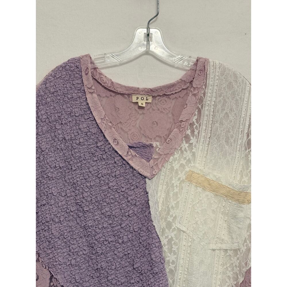 POL Short Sleeve Oversized Patchwork Lace Top Lavender Small Boho Shabby Chic - Picture 2 of 9